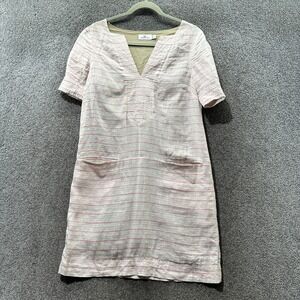 Vineyard Vines Shift Dress Women 4 Pink Striped 100% Linen V Neck‎ Beach Resort